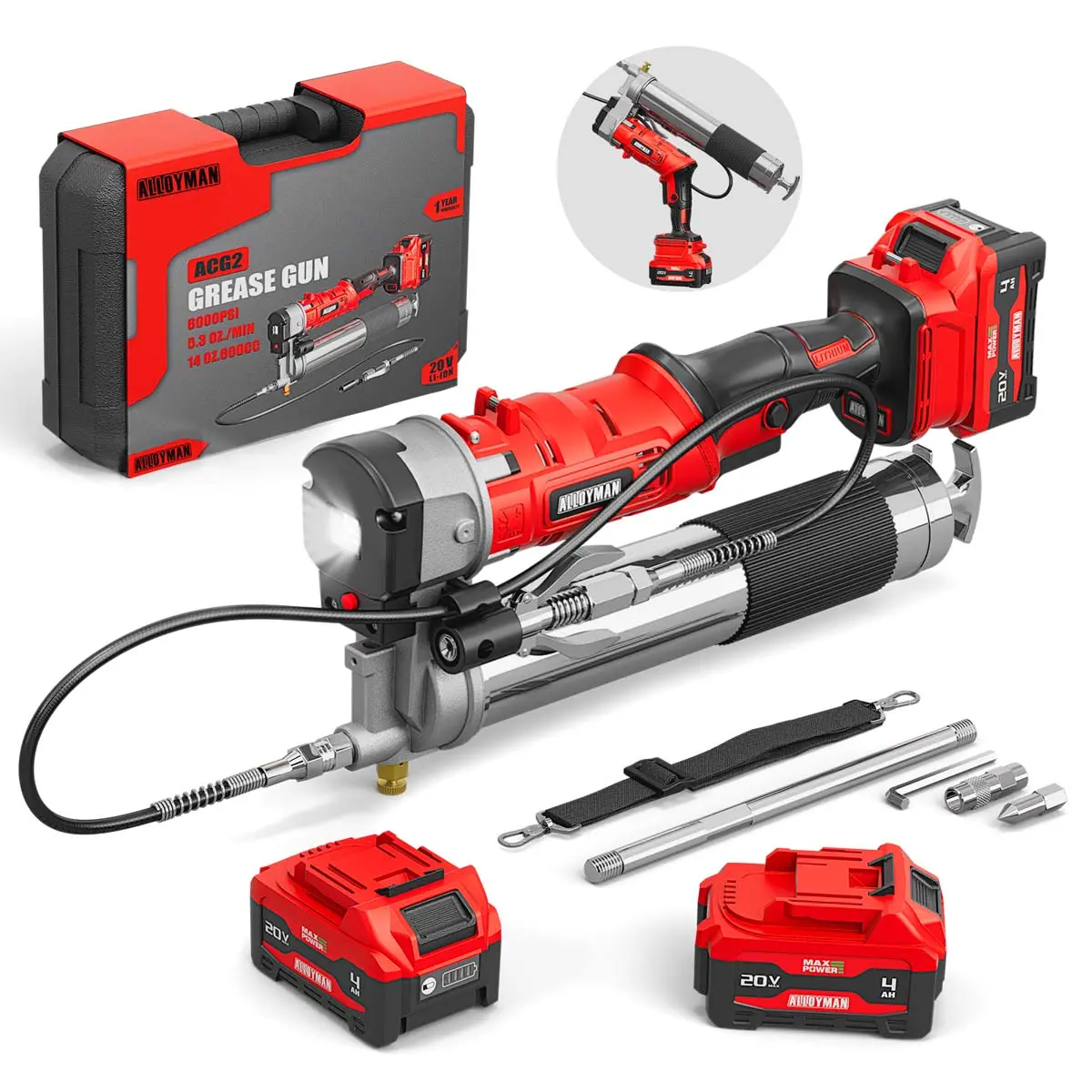 Alloyman 2-in-1 Cordless Grease Gun Kit, Upgraded 12000 PSI,2*4.0Ah battery | 5.3 oz/min, 39.4” Long Hose & LED Light for Tractors, Trailers,Heavy Equipment,Built for Farmers, Mechanics & Truckers