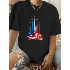 100% Cotton Unisex Independence Day American Flag Jet Planes Red/White/Blue Printed Short-Sleeve T-Shirt