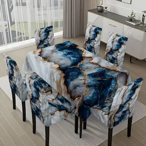 5/7-piece 2D Flat Printing Blue White Gold Marble Texture Printing Pattern Tablecloth and Chair Cover Set, for dining table and chair decoration, perfect for home, holiday gatherings, restaurants, and parties.