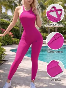 Womens Ribbed Halter Neck Jumpsuit Sleeveless Bodycon One Piece Romper Stretch Slim Fit Sexy Full Length Jumpsuit Casual Streetwear Workout Yoga Fitness Travel Summer Chic Outfit