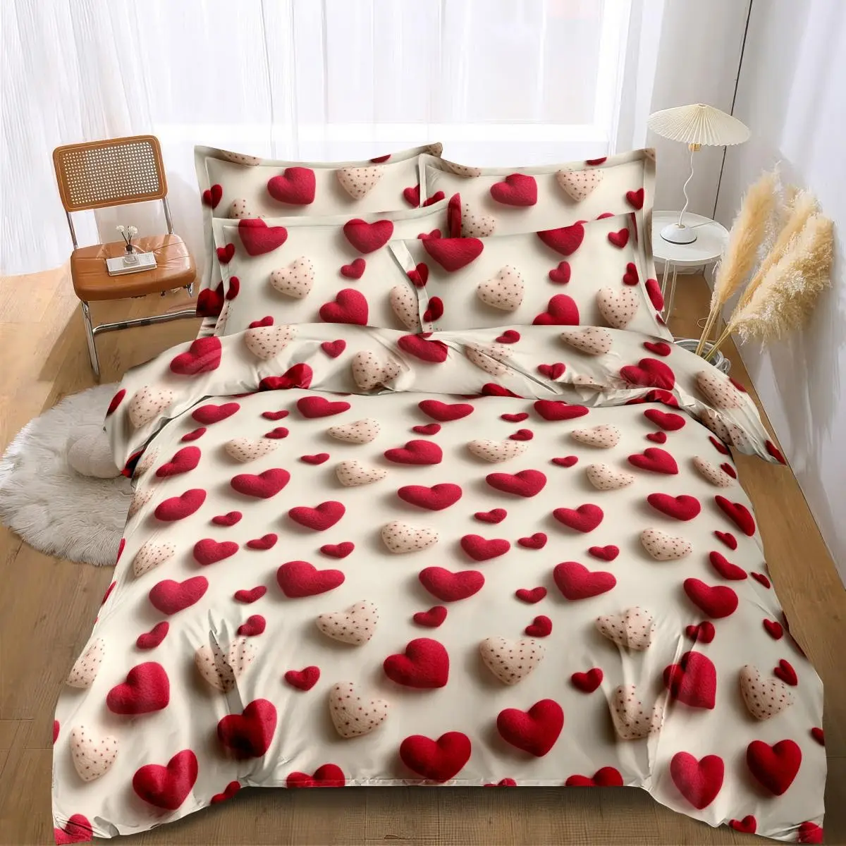 3-Piece & Heart Pattern Bedding Set, Soft Polyester Fabric, Zipper Closure, All-Season Use, Soft Bedding Sets, Ideal for Bedroom & Hotel Rooms