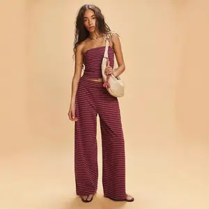 Womens Striped Two Piece Sets Summer Lounge Outfits Sailor Tube Top and Pants Matching Set Beach Vacation Travel Y2k