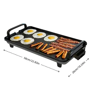 22-inch non-smoking electric grill pan, suitable for family gatherings; non-stick grill pan and rack combo with a non-stick coating; can simultaneously cook steak/oysters/kebabs; adjustable temperature; includes an oil collection tray.