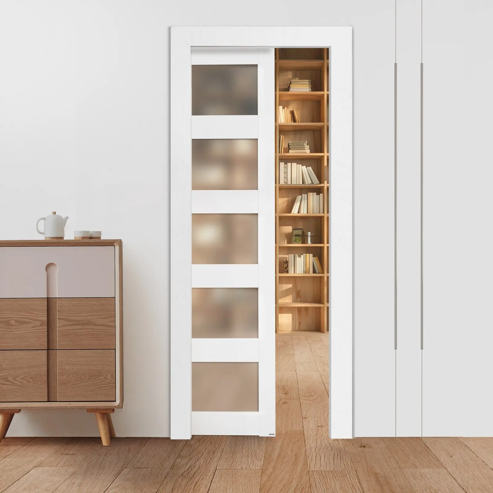 VEVOR Sliding Pocket Door, 30x 80, 5-Lite Frosted Glass Single Sliding Door with Hardware Kit, Sturdy Solid Wood MDF Pocket Doors Slab with Waterproof Surface for Bedroom Kitchen Study Room