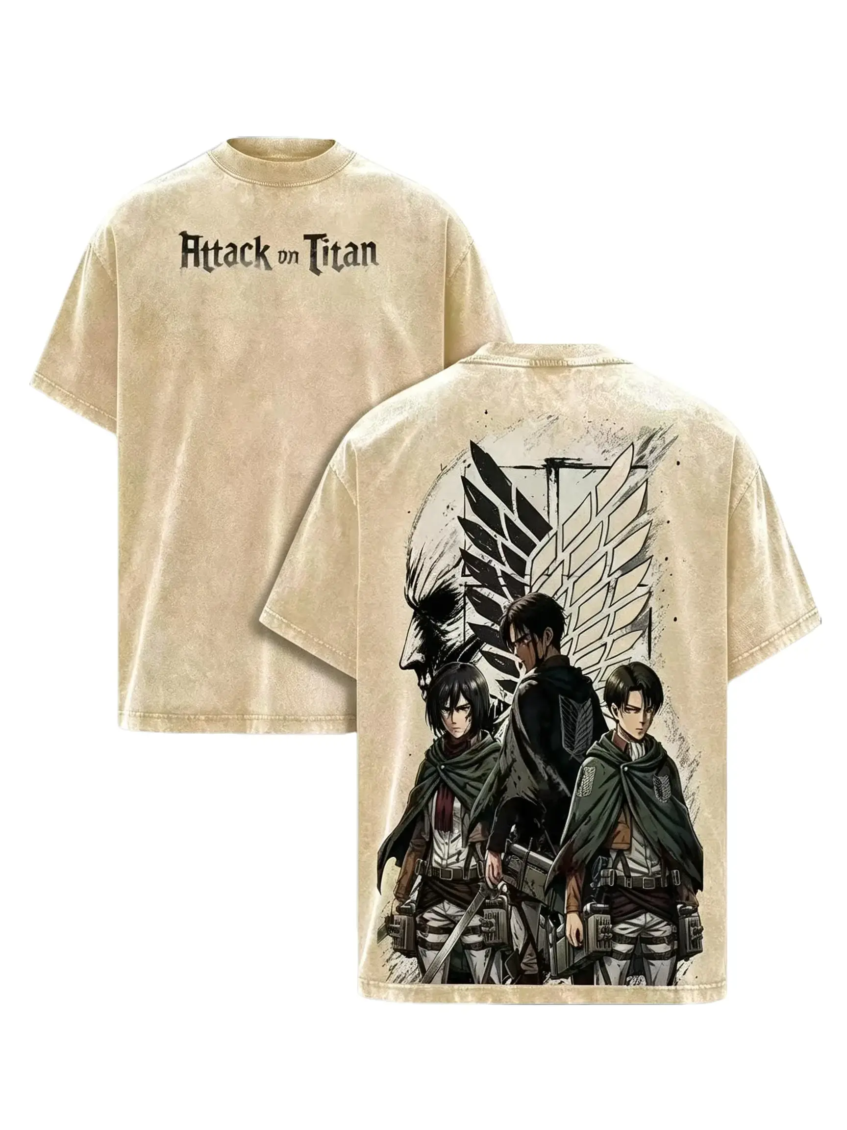 Attack On Titan Manga T-Shirt Retro Acid Washed Oversized Short Sleeve Tee, Eren Mikasa Levi Double Side Print Loose Cotton Top For Otaku Anime Street Outfit oversized t shirts men's t shirts unisex fit