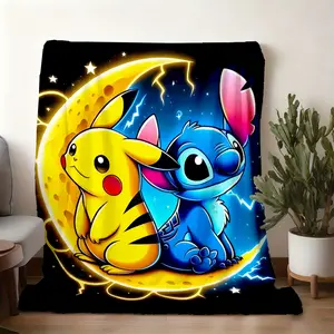 2026 new 3D printed velvet blanket is super soft and comfortable, suitable for winter warmth printingPikachu & Stitch on crescent moon with lightningA breathable and perfect bedroom sofa and office