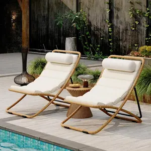 2-Pieces Outdoor Folding Chair, Rattan-Wrapped Patio Chair with Adjustable Backrest, Thick Cushion, and Detachable Headrest,for the Poolside, Beach, Backyard, Deck, and Camping (Yellow)