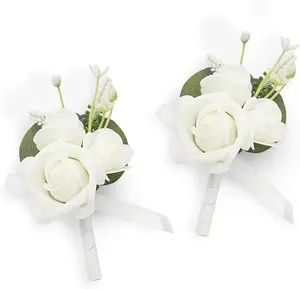 TINGE TIME Rose White Boutonniere for Men Wedding, Set of 2, Groom Groomsmen Boutineers Decor for Wedding Ceremony Anniversary, Formal Dinner Homecoming and Rustic Vintage Wedding