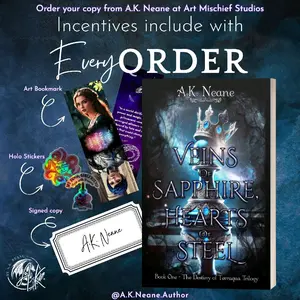 Signed Paperback of Veins of Sapphire, Hearts of Steel, by A.K. Neane with Swag