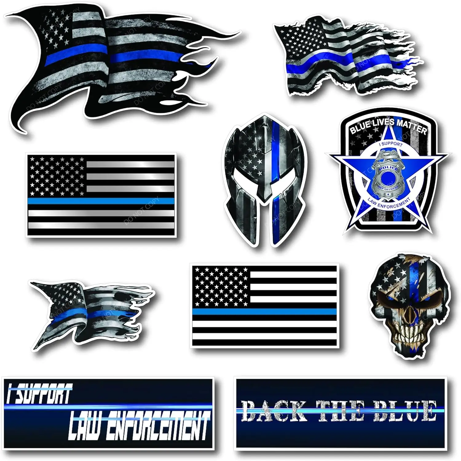 Small Mega Variety Pack of Thin Blue Line Skull Police Officer Blue Lives Matter American Flag Vinyl Decal Sticker Car Truck BLM(11 Pack)