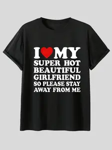 American Retro I Love My Girlfriend Print Short Sleeve T-Shirt, Men's Summer Fashion Loose Fit Top, Fun Heart Letter Design