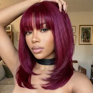 Nadula Layered Blowout 99J Burgundy Sleek Bob wig With Wispy Bangs Shoulder Length Wine Red Fringe Bob Human Hair Wig with Drawstring Machine Made Wig
