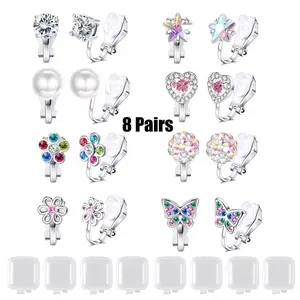 8 Pairs Cute Clip on Earrings for Women, with Storage Box, Faux Crystal Non-Pierced Earrings, Flower Heart Butterfly Faux Pearl Clip-On Earrings, Small Non-Pierced Ear Clips