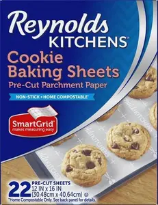 Reynolds Kitchens Cookie Baking Sheets Pre Cut Baking Parchment Paper Sheets for Cookies Oven Safe up to 425 Degrees Reusable Up to 3 Times No Mess Cleanup 12 x 16 Inches 22 Count