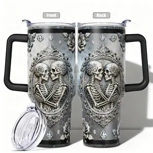 1pc, 40oz/30oz/20oz/14oz Stainless Steel Cup Skull and Rose Floral Double Wall Vacuum Insulated Thermal Flask, Leakproof Lid & Carry Handle Travel Mug for Outdoor Camping Hiking, Gift for Dad, Mom, Brot, Drinkware
