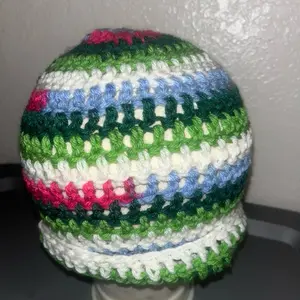Crochet Beanie - Colorful Knitted Hat with Green Stretchable One Size Blue Pink and White Stripes