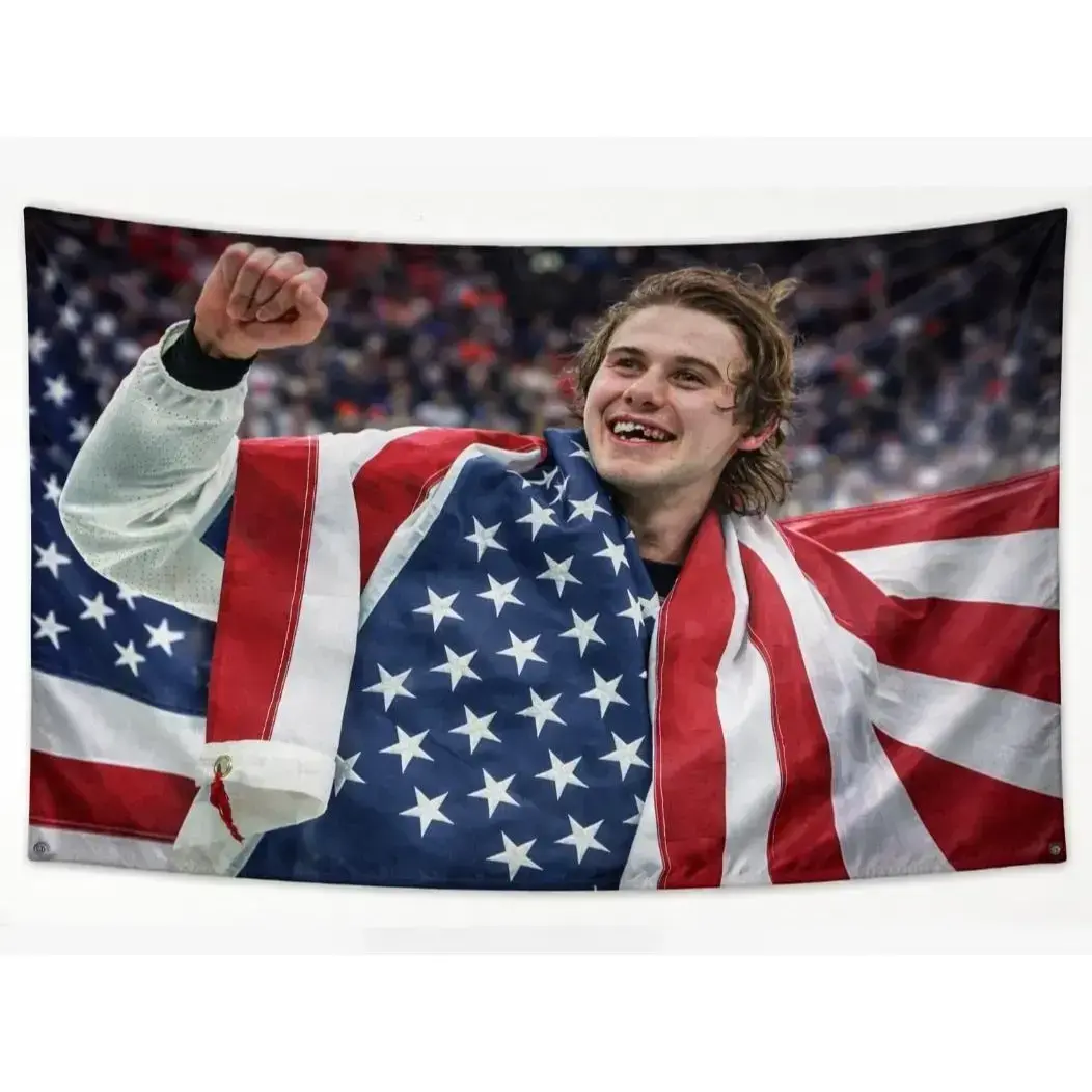 Jack Hughes USA Hockey Vibrant Print Wall Tapestry (3x5FT) - Fade Resistant, Americana Inspired Tapestry, Lightweight Stars and Stripes Patriotic Banner, Living Room Wall Decor, Sports Decor, Bedroom Dorm Decor