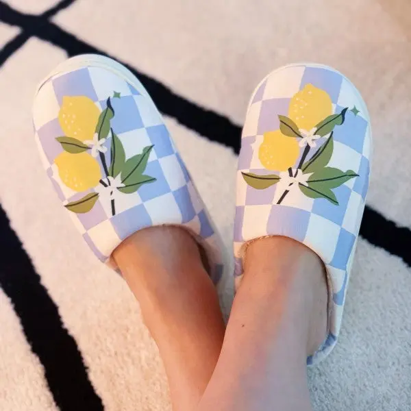 Women's Gingham Slip On Slippers with Bright Lemon Design, Soft Plush Cushioned Footwear for Cozy Indoor Lounging, Fabric, Light Padding, Shoe, Slide, Indoor Lounge, Casual Slip-On, Cute, Flat Sole, Gifting