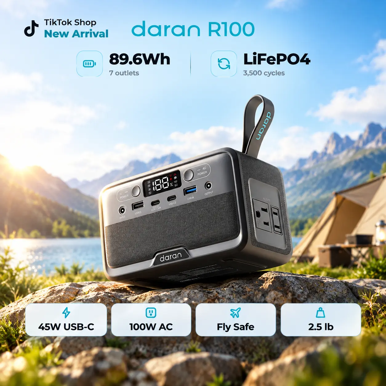 Daran R100 Portable Power Station 89.6Wh LiFePO4 Battery 100W(200W Peak) Solar Power Bank, Portable Charger Small Generator with AC Outlets & PD Fast Charging for Home/Laptop/Camping