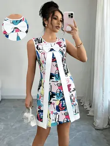 Women's Fashion Elegant Casual Round Neck Sleeveless Graffiti Print Bowknot Decorated Patchwork Dress, Stylish and Comfortable