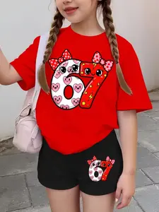Girls Cartoon Heart Bowknot and Number 67 Print Fashion Sweet Sports Style Set, Summer Trendy T-Shirt Shorts Set, Casual All Seasons