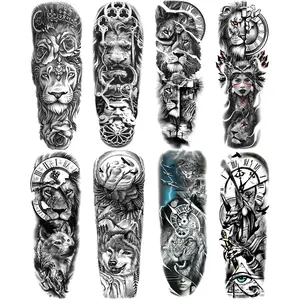 8 Pcs Full Arm Animal Temporary Tattoo Sleeves, Realistic Lion Fake Sleeve Tattoos, Waterproof Body Art Stickers for Men and Women, Temporary Tattoo Kit