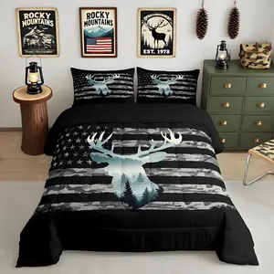 Deer Hunting Comforter Set, Camo Deer Hunting Bedding Set for Kids Forest Smoky Deer Comforter American Flag Deer Duvet Set