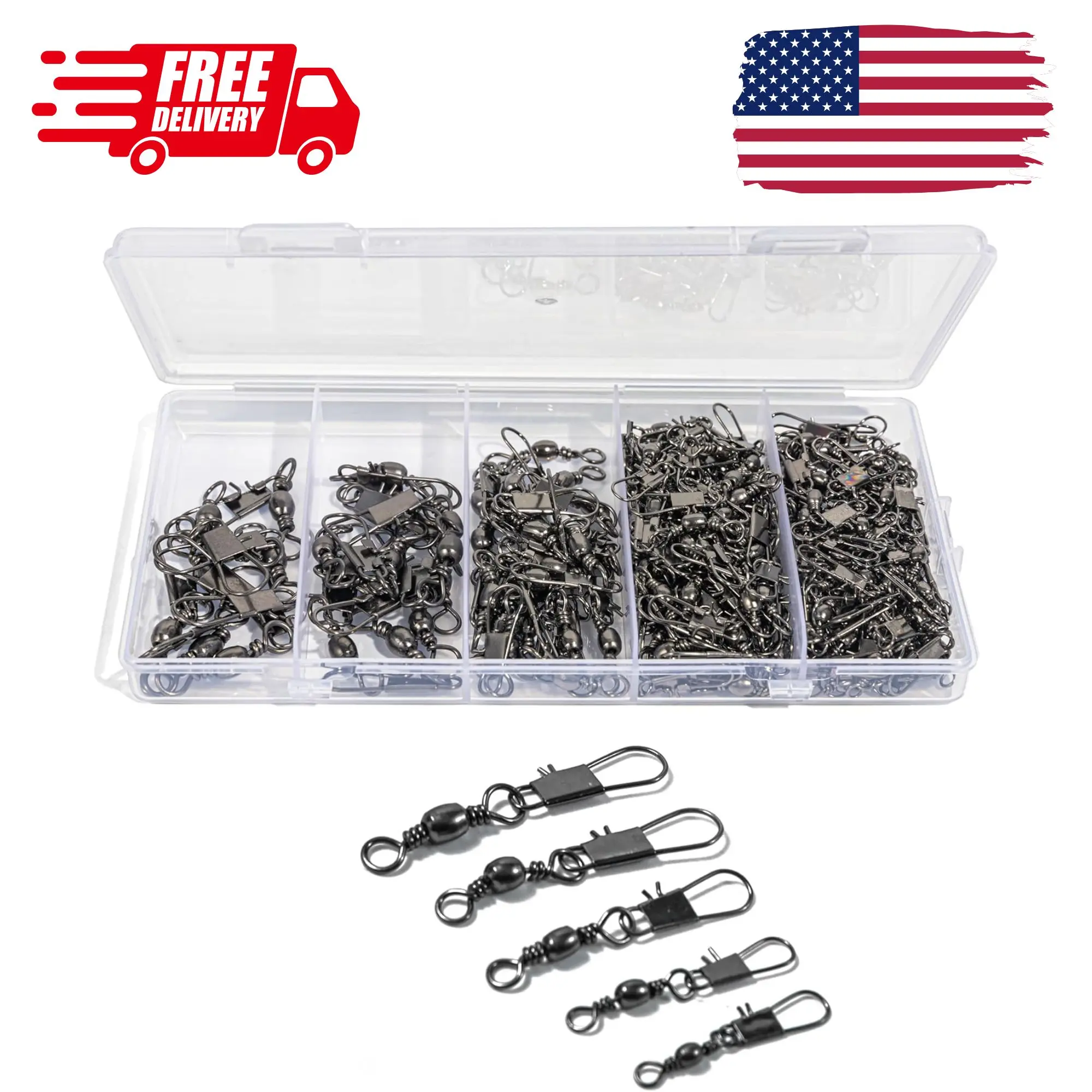 100Pcs Fishing Swivels, 5 Sizes Barrel Snap Swivel Fishing Tackle