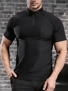 Ice Silk Men's gym T Shirt Sporty Short Sleeve T-Shirt Quick-Dry Half-Zip Elastic Fitness Tees Summer Running Workout Training Top