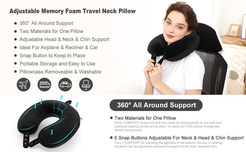 Travel Neck Pillow for Head Support - Best Memory Foam Airplane Pillow for Plane, Car & Home Recliner Use (Black)