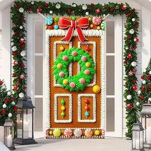 Christmas Door Cover 71x35 Inch Gingerbread House Door Banner Merry Christmas Winter Porch Sign for Front Door, Farmhouse Holiday Entry Decor Indoor Outdoor Party Hanging Cover