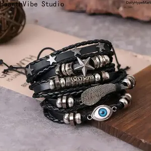 HearthVibe Studio Multi-Layer Woven Leather Bracelet Trendy Punk Jewelry for Daily Wear with Star and Eye Charms