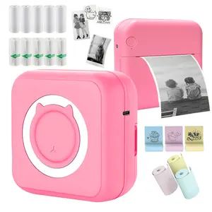 Mini Printer Set with 5 Rolls Thermal Paper, 5 Sticker Paper, 3 Color Paper, Portable Thermal Printer, Thermal Label Printer, Portable Handheld Printer, Inkless Printing Toy Gift for Kids Students