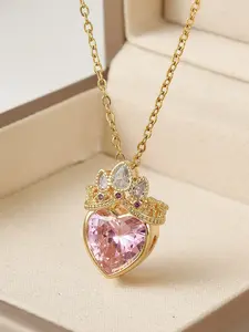 1pc Girl Pink Crown & Heart Pendant Necklace - Ideal Gift For Birthday
