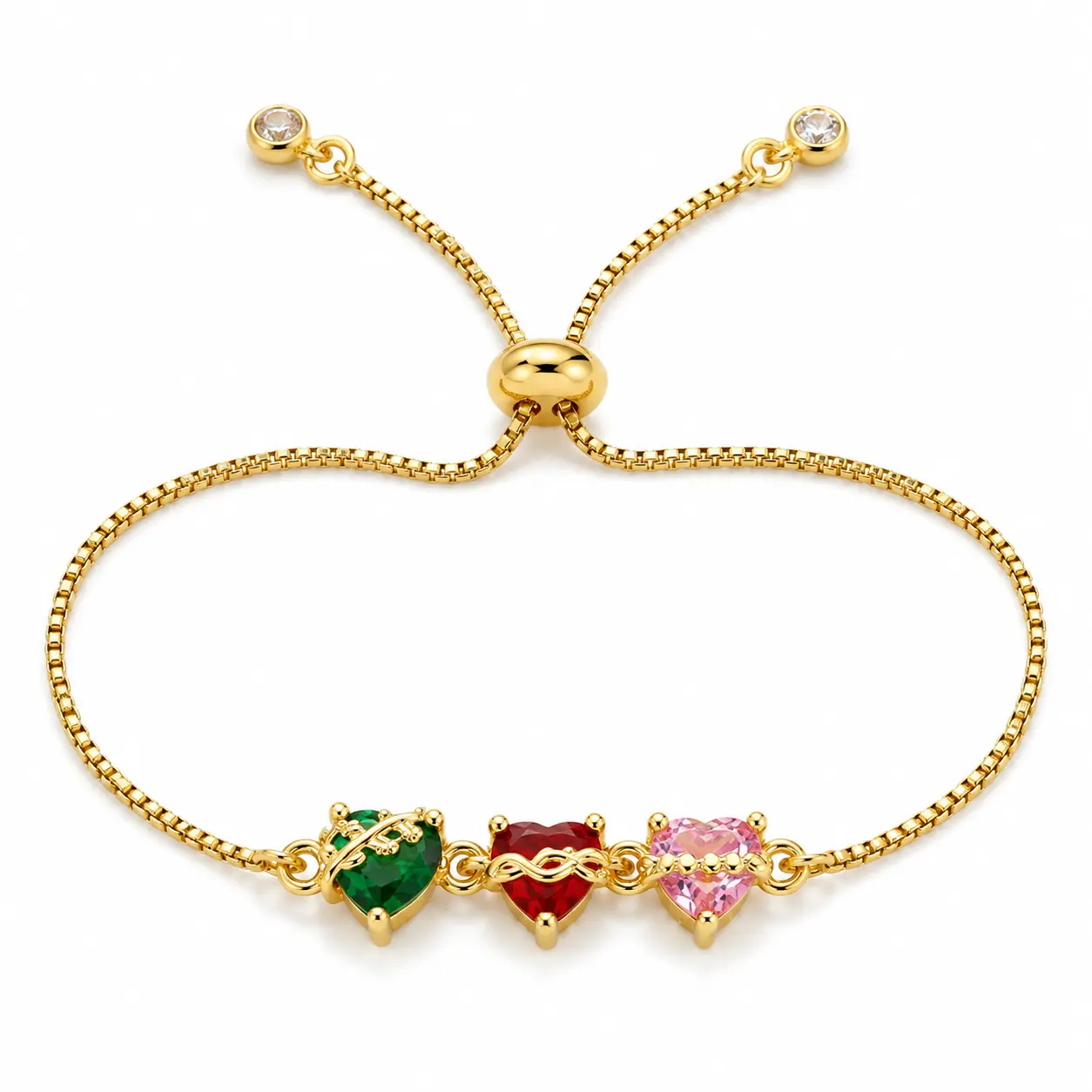 Women's 3 Sacred Hearts Bolo Bracelet - Gold Metal Coated, Red Green Pink Crystal Hearts Motif, Jesus Mary Saint Joseph Religious Jewelry, Adjustable Bangle, Unisex Christian Gift, Bracelets for Women