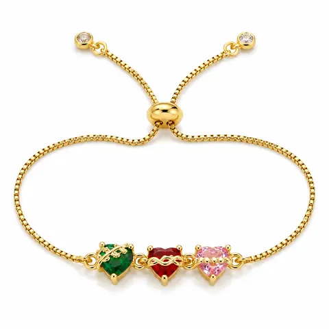 Women's 3 Sacred Hearts Gold-Coated Metal Bolo Bracelet - Red, Green, Pink Crystal Hearts Motif, Jesus Mary Saint Joseph Religious Jewelry, Adjustable Bangle, High Quality, Beautiful, Colorful, Exquisite Crystals Bracelet, Unisex Christian Gift, High Qual