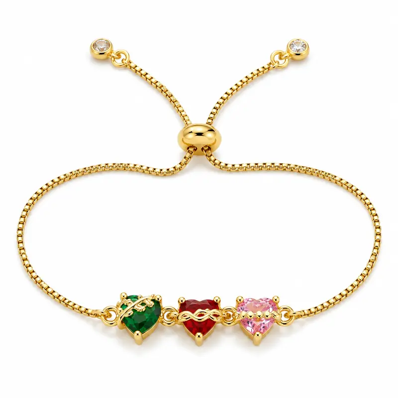Women's 3 Sacred Hearts Gold-Coated Metal Bolo Bracelet - Red, Green, Pink Crystal Hearts Motif, Jesus Mary Saint Joseph Religious Jewelry, Adjustable Bangle, High Quality, Beautiful, Colorful, Exquisite Crystals Bracelet, Unisex Christian Gift, High Qual