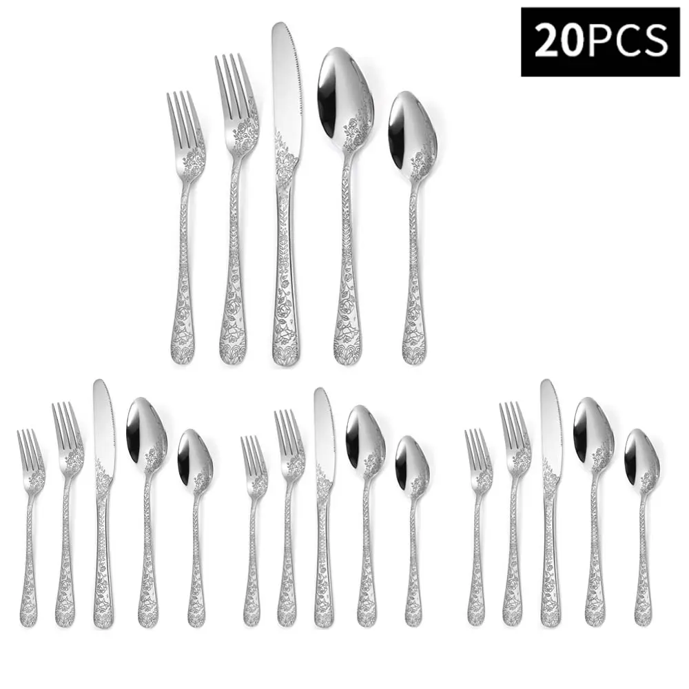 Stainless Steel Cutlery Set, 20 Piece Stainless Steel Vintage Knife Fork Spoon Flatware Set, Essential Tableware for Home Dinner Picnic Birthday Party Wedding