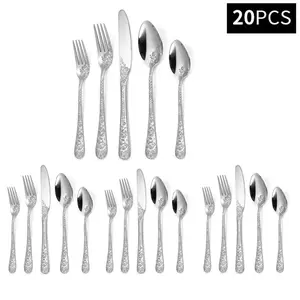 Stainless Steel Cutlery Set, 20 Piece Stainless Steel Vintage Knife Fork Spoon Flatware Set, Essential Tableware for Home Dinner Picnic Birthday Party Wedding