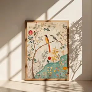 Traditional Persian Canvas Poster – Birds & Flowers Wall Art, Vintage Bohemian Print for Home, Office, Kitchen, Hallway & Bedroom Decor