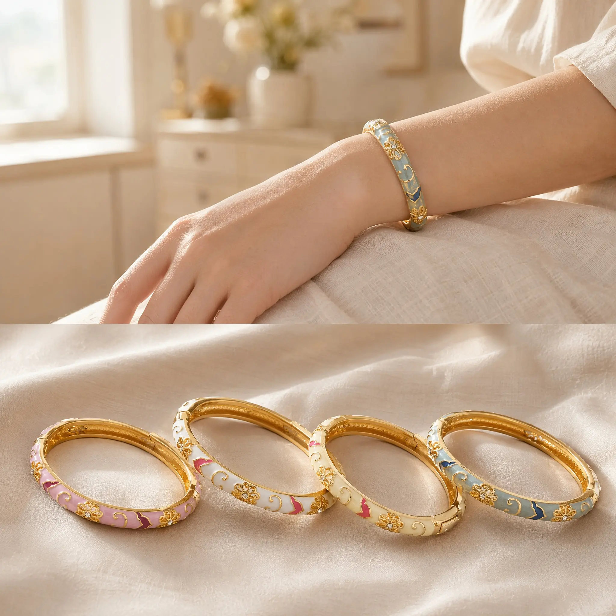 Vintage Floral Enamel Bangle, Gold-Tone Cubic Zirconia Bracelet, Elegant Sparkling Delicate Accessory for Women & Girls, Ideal for Daily Wear, Casual Outfit, Party, Holiday & All-Season Birthday Gift for Her - MM2