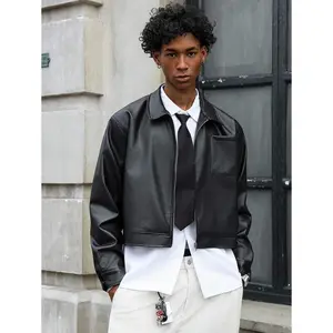 Men's Short Zip-Up Leather Jacket, Black Black Leather Jacket Men Cropped Leather Jacket Men Mens Leather Outerwear Mens Black Leather Jacket Faux Leather Jacket Men Mens Cropped Zip Up Jacket Cropped Faux Leather Jacket Mens Streetwear Jacket Faux Leath