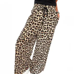 Znacicc Women's Leopard Print Wide Leg Pants with Drawstring High Waist & Pockets Casual Everyday Fashion Bottoms, Winteroutfit