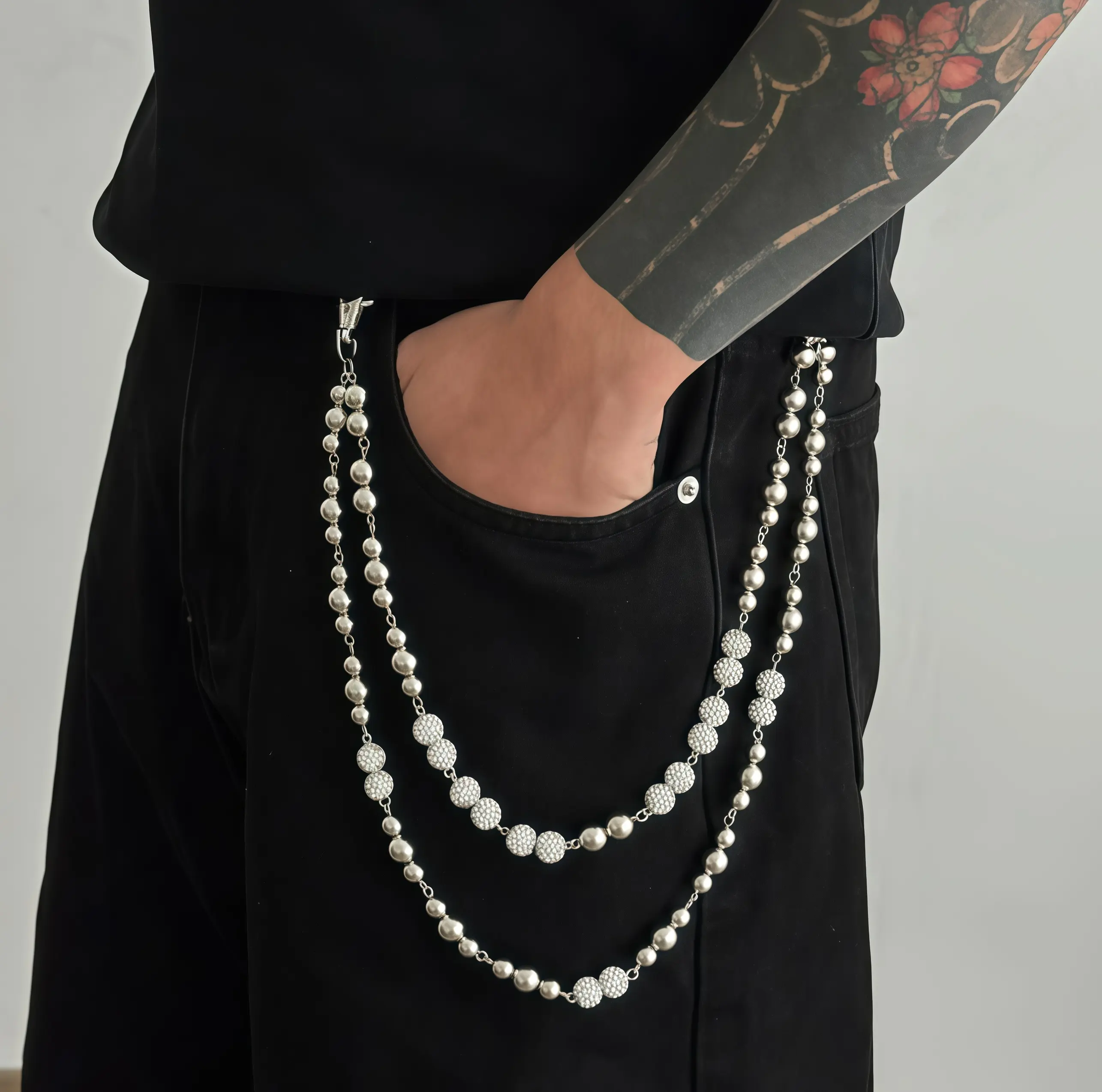 Silver Tone Double Layer Ball & Rhinestone Bead Pants Chain, Y2K Hip Hop Crystal Disco Ball Waist Chain, Heavy Duty Lobster Clasp Layered Beaded Jean Chain for Men Women Streetwear Gothic Punk Outfit Accessories