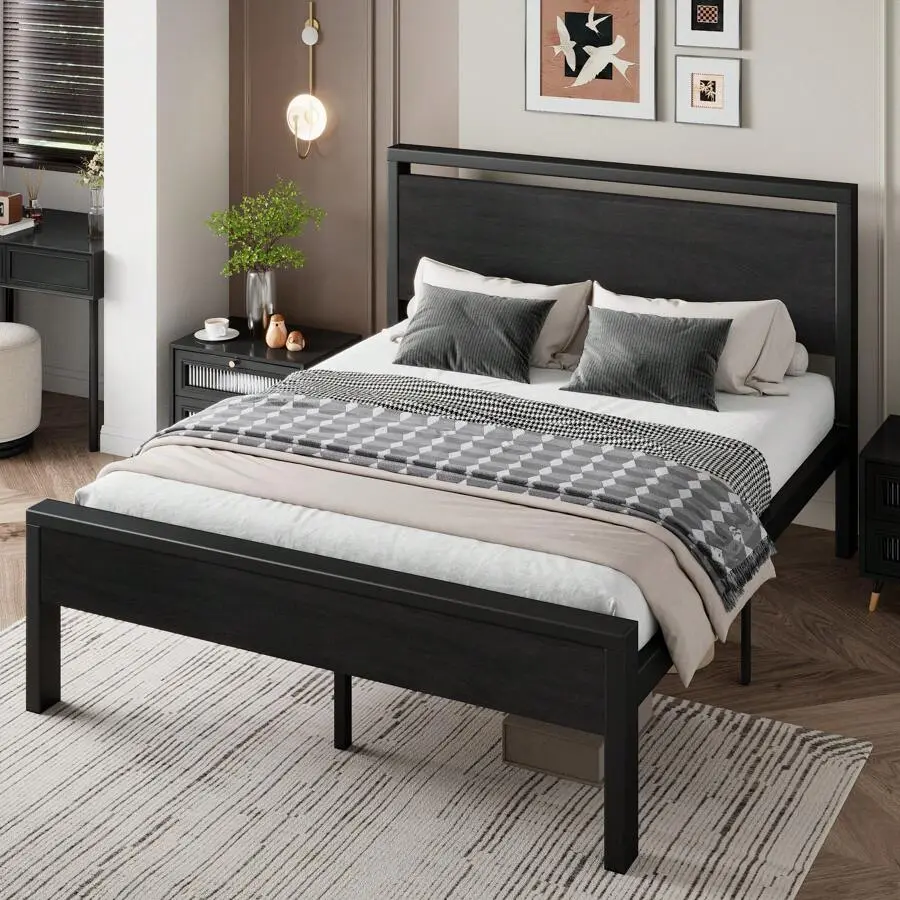 Heavy Duty Platform  Frame Queen Size 12 Metal Slats No Box Spring Needed Under  Storage Non Slip Noise Free Easy Assembly Mahogany White bed