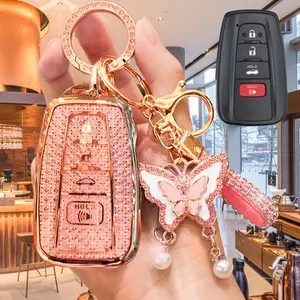 car supplies Sparkling Rhinestone Butterfly Key Fob Cover & Keychain for Toyota RAV4, Camry, Corolla, Avalon, C HR, Prius, GT86, Highlander - Pink Zinc Alloy Protector with Crystal Butterfly Charm & Tassel (2018-2022)