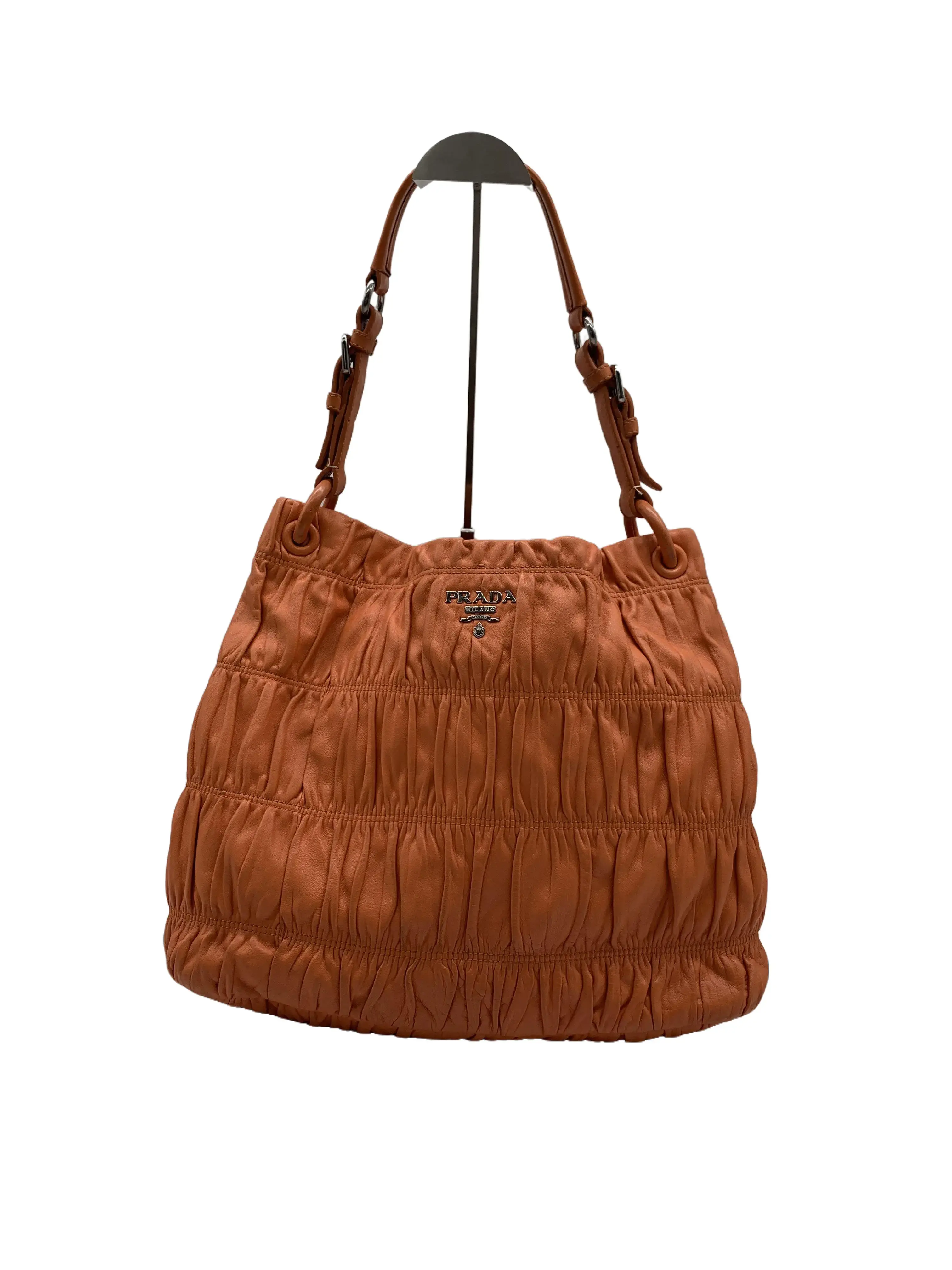 Pre-owned PRADA Orange Ruched Leather Shoulder Tote/WJ06112720/2720