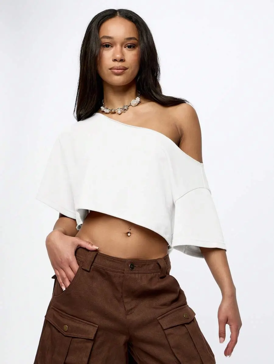 Off Shoulder Crop Top Distressed Raw Edge Asymmetric Short Sleeve Festival Y2K Grunge Summer Beach Party Casual Streetwear