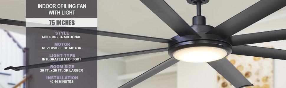 75 Inch Industrial Ceiling Fan with LED Light & Remote | DC Motor, Reversible, Downrod Mount