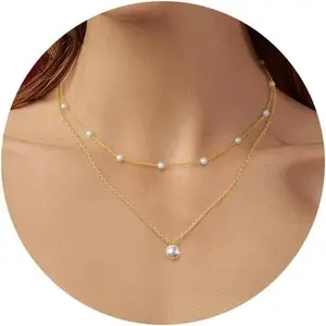 CASSIECA 14K Gold Plated Layered Chain for women Fashion Necklace, Pearl Embellished Tahitian Jewelry Gift for Women SummerVibes